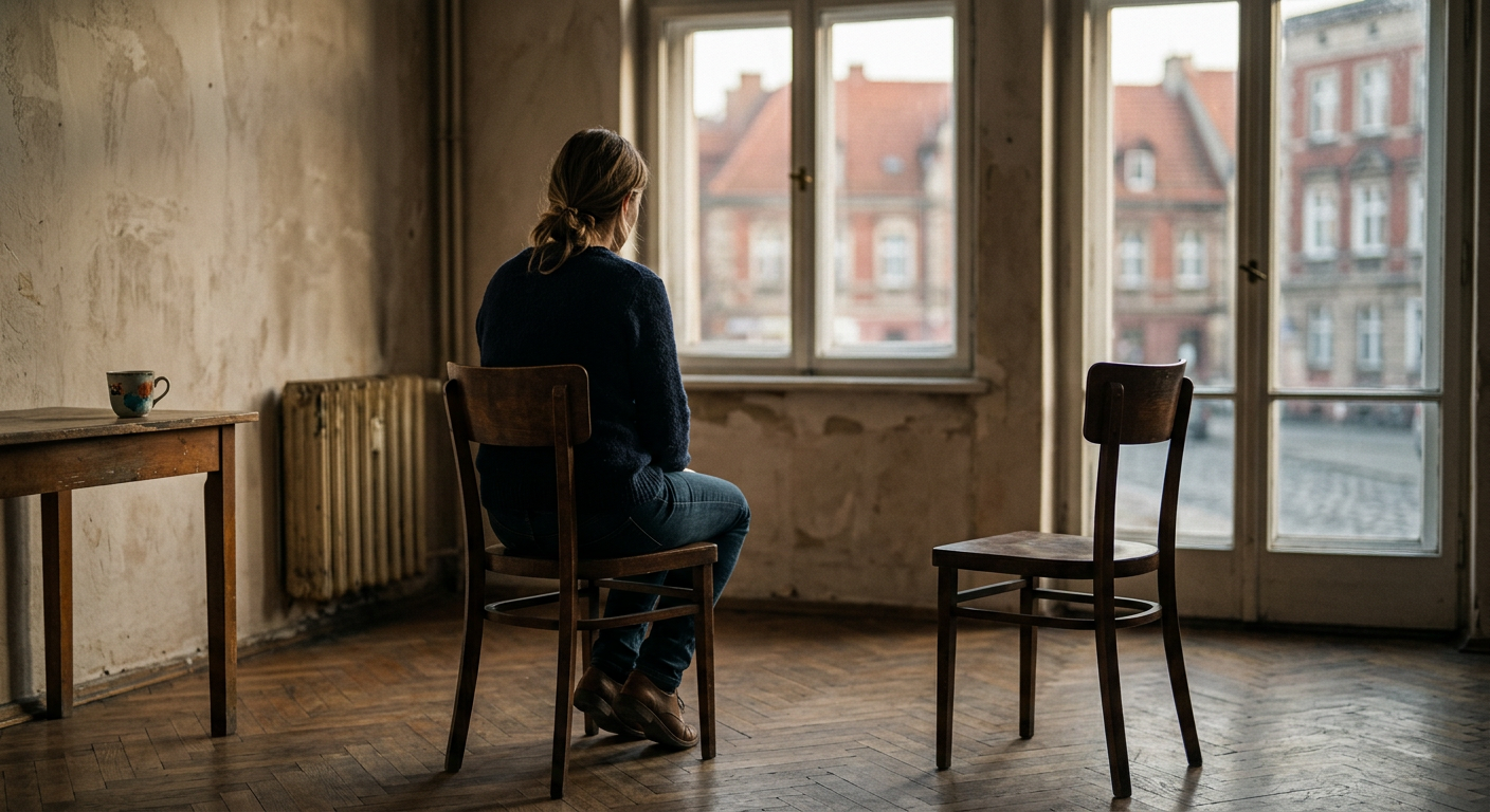 Osoba siedzi tyłem do widza w słabo oświetlonym, minimalistycznym pokoju, naprzeciwko pustego krzesła. Postawa osoby jest lekko zgarbiona, co sugeruje introspekcję. Miękkie, naturalne światło wpada z boku, rzucając długie cienie.