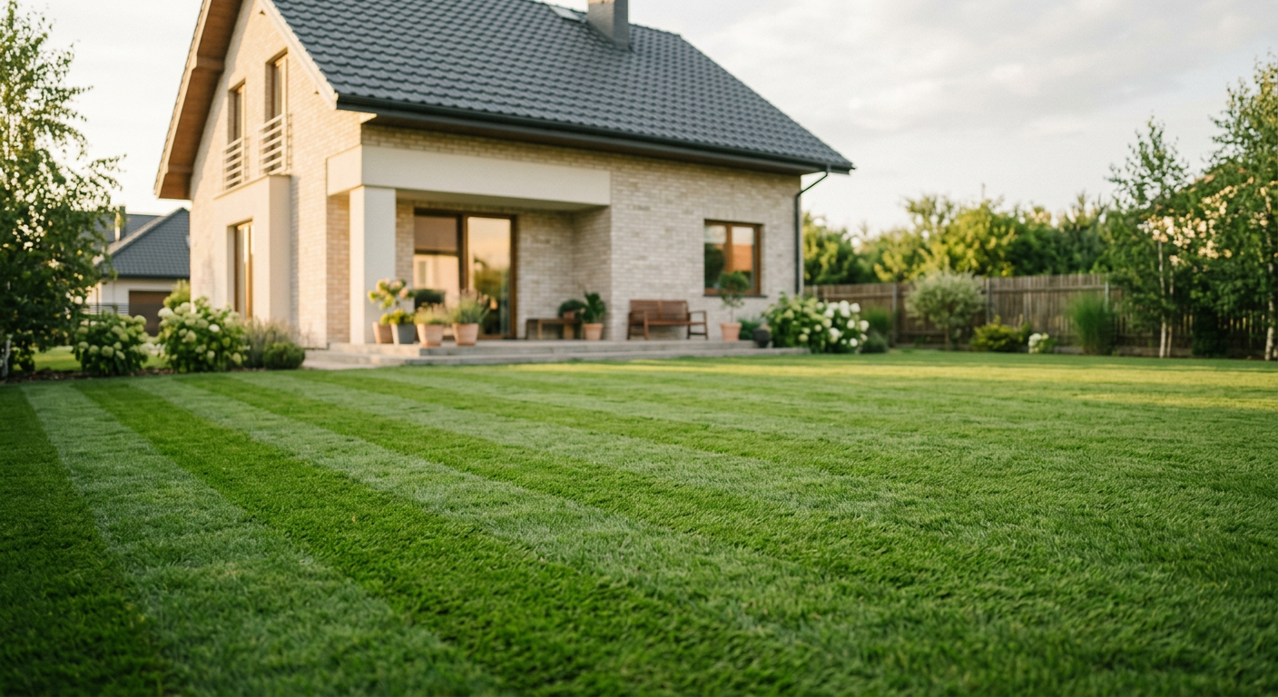 A neatly rolled section of green grass is shown, ready for installation, with a blurred background suggesting an outdoor setting.