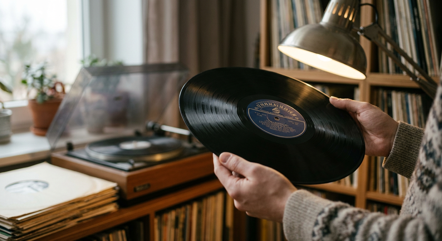 A person is holding a vinyl record, examining it closely, with a blurred background suggesting a home or a record store.