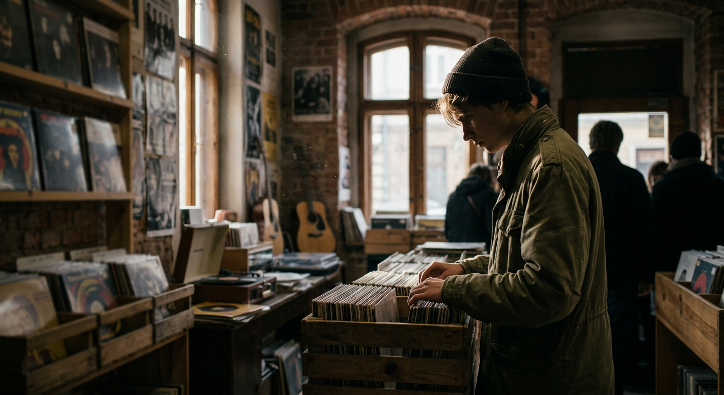 A close-up shot of a person's hands carefully placing a vinyl record onto a turntable, with a blurred background of a cozy room.