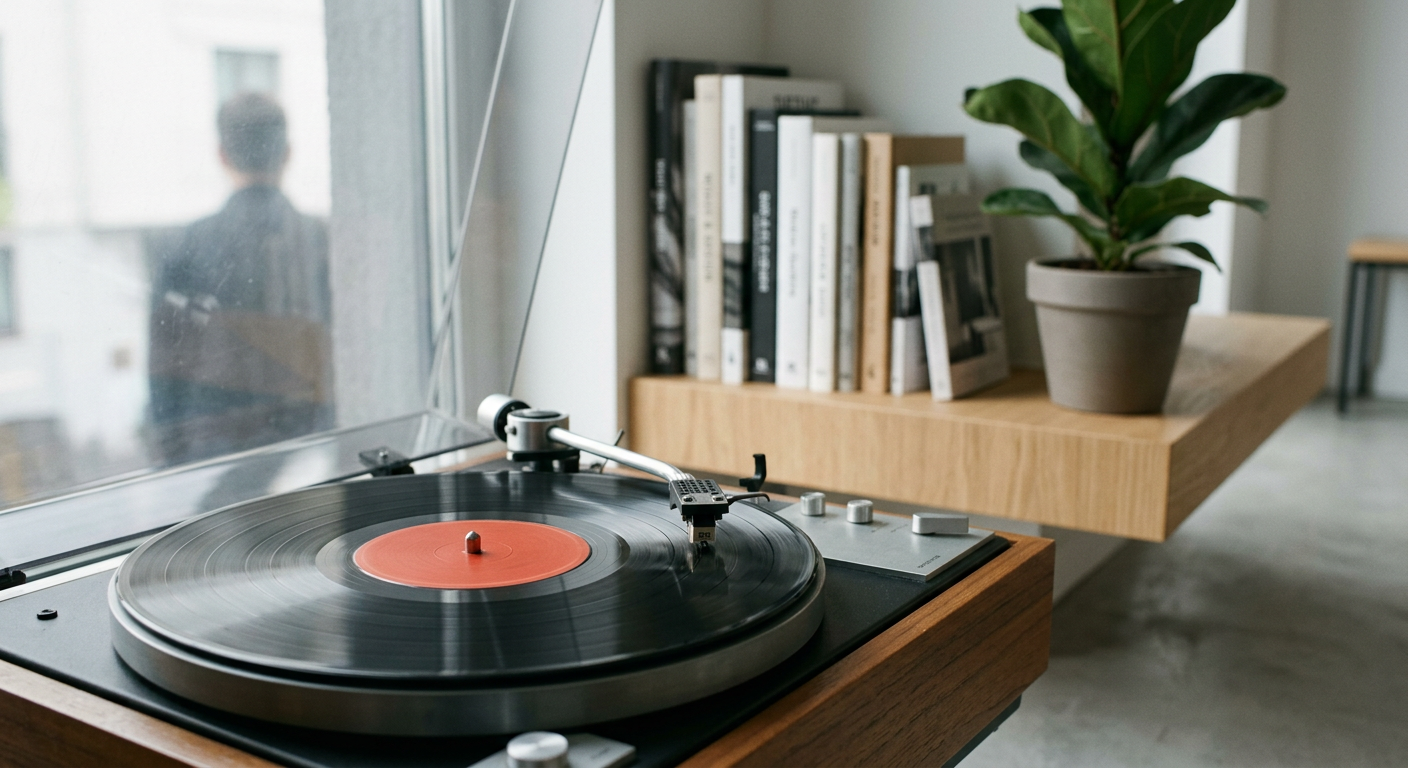 A close-up shot of a person's hands carefully placing a vinyl record onto a turntable, with a blurred background of a cozy room.