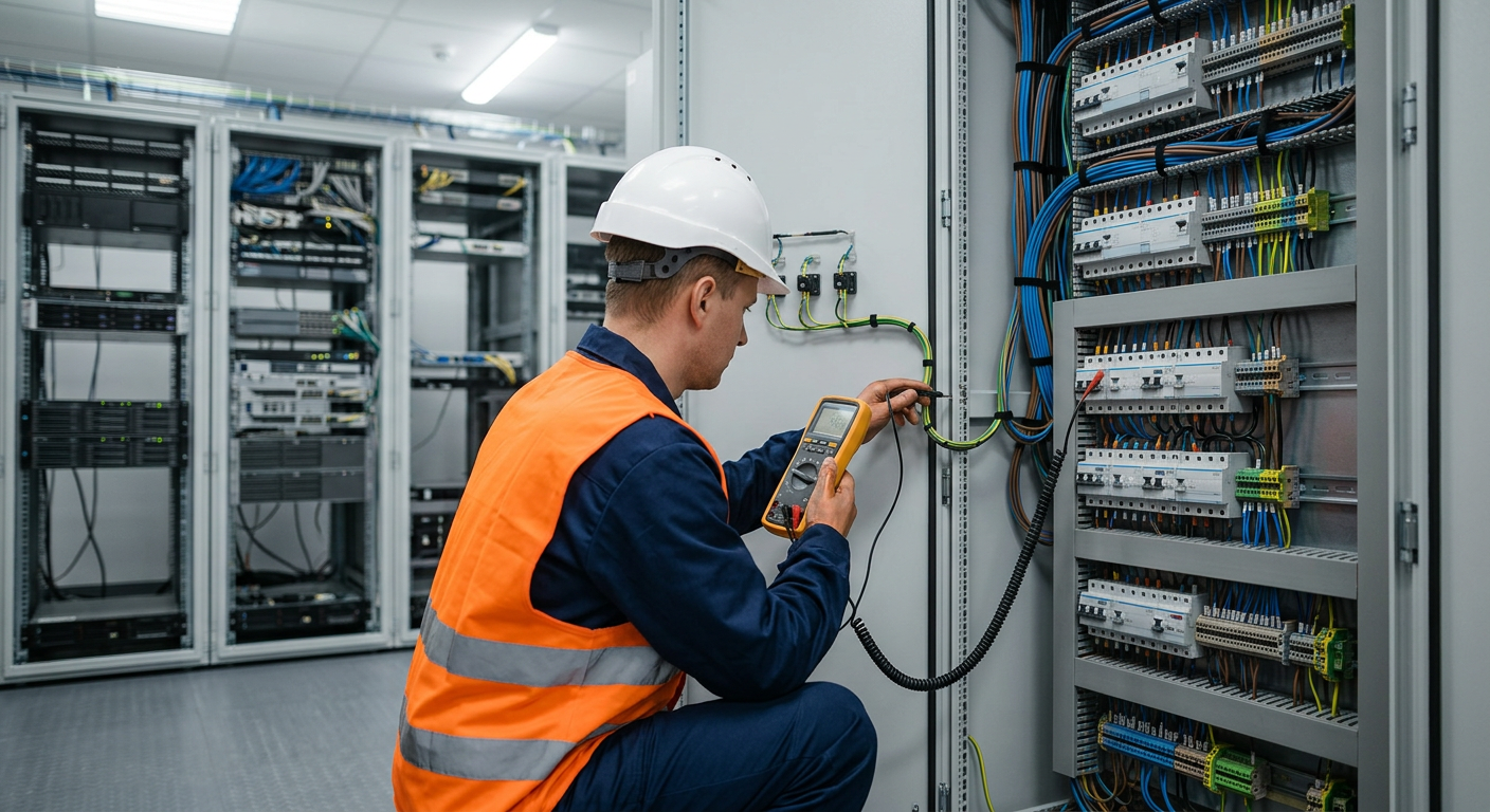 A person in a blue uniform is inspecting a complex industrial installation with pipes and gauges in a well-lit, modern setting.