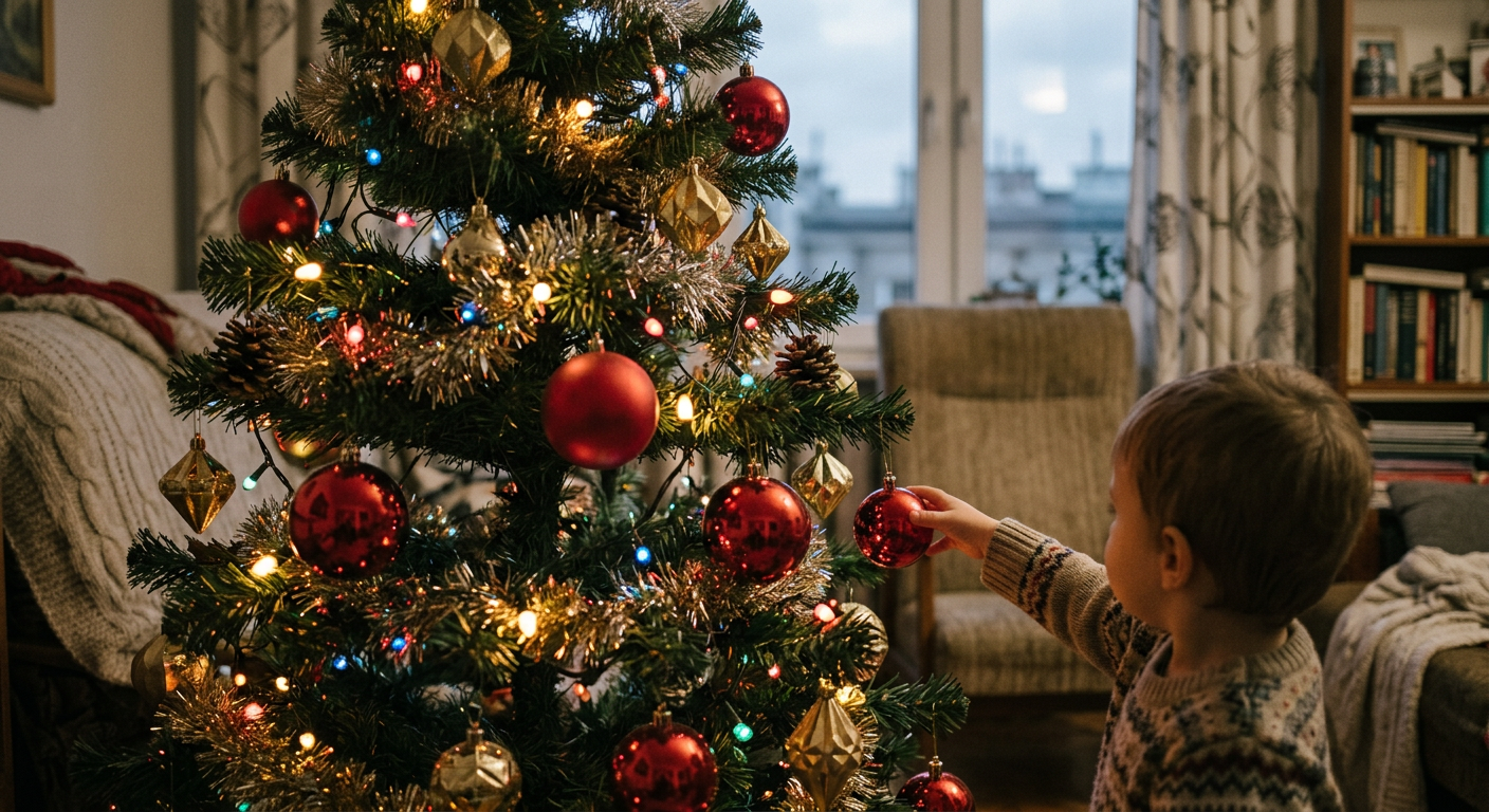 The image displays a realistic, lush green Christmas tree with a subtle glow, suggesting a high-quality artificial tree.