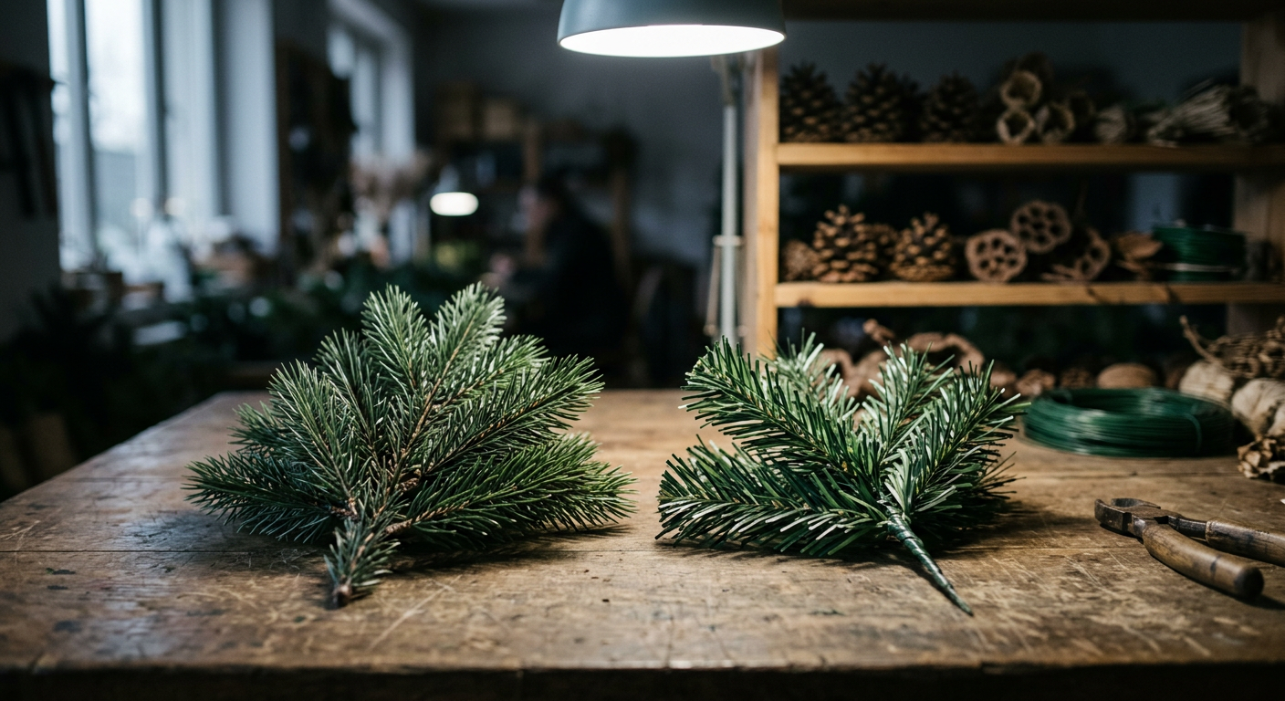 The image shows a close-up of two different types of artificial Christmas tree branches, one with a more realistic, softer appearance and the other with a more traditional, stiffer PVC look, against a blurred background.