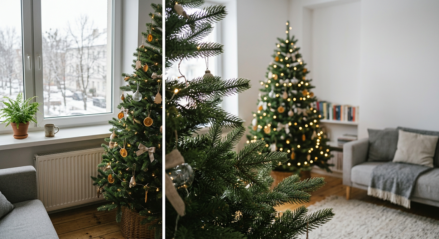 A close-up shot of two different types of artificial Christmas tree branches, one with a more realistic, softer appearance and the other with a more traditional, stiffer PVC look.