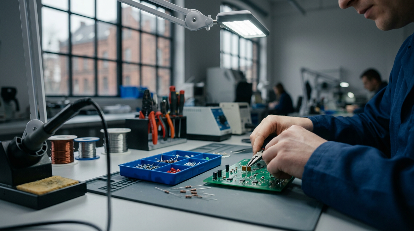 The image displays a close-up of a circuit board with various electronic components, some appearing to be through-hole technology (THT) and others surface-mount technology (SMT), against a blurred background.