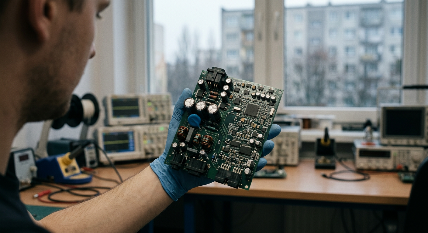 The image displays a close-up of a circuit board with various electronic components, some appearing to be through-hole technology (THT) and others surface-mount technology (SMT), against a blurred background.