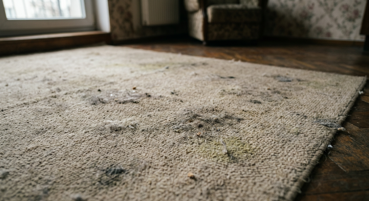 A close-up shot of a dirty, worn-out rug with visible dust and debris, suggesting neglect.