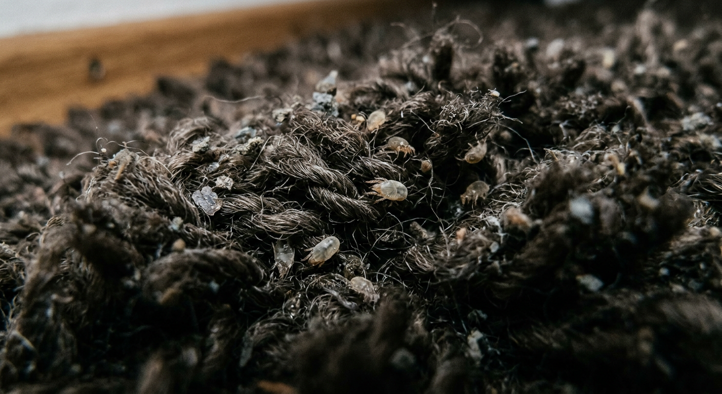 A close-up shot of a dirty, worn-out rug with visible dust and debris, suggesting neglect.
