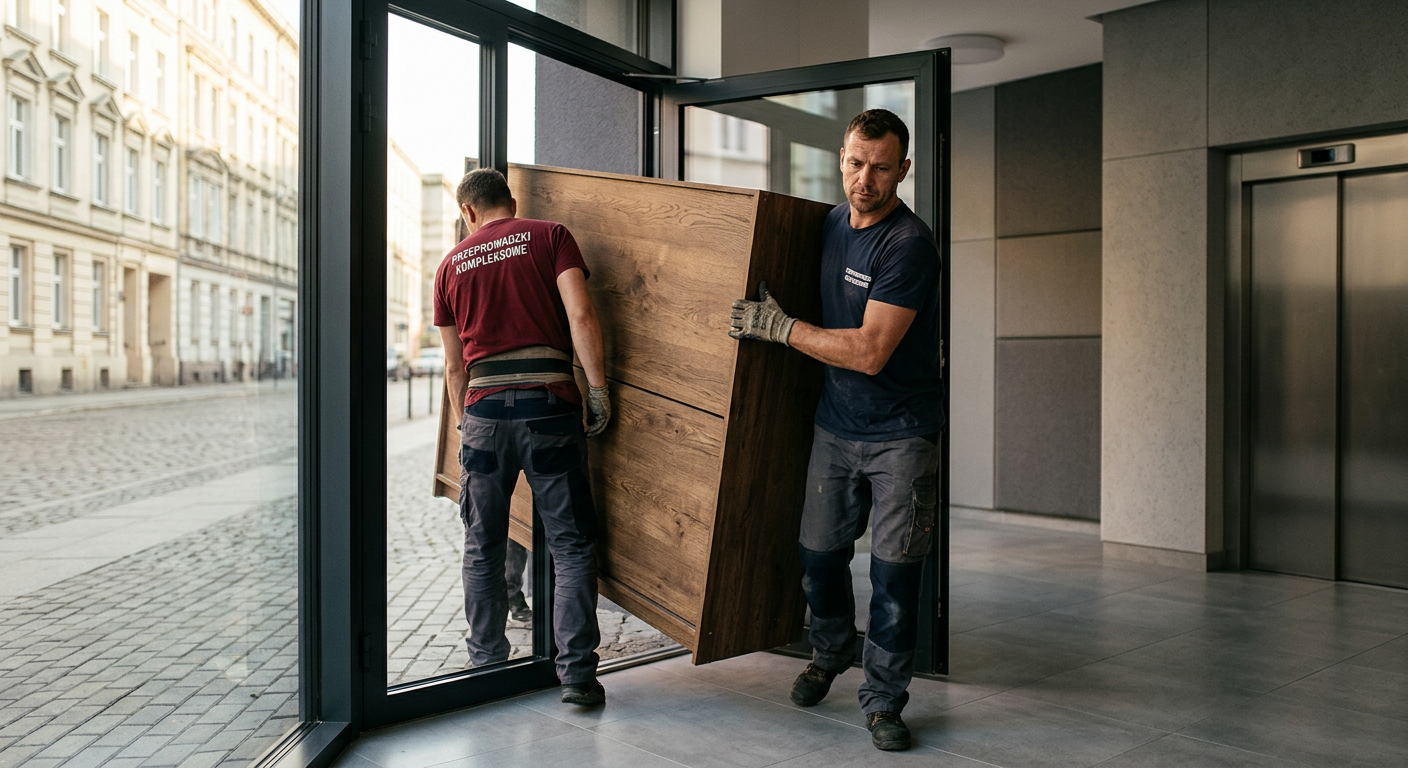 Zespół profesjonalnych pracowników ostrożnie wynosi dużą, zdemontowaną drewnianą szafę z wejścia do budynku mieszkalnego. Jeden pracownik prowadzi ją przez drzwi, a drugi podtrzymuje tył. Wejście do budynku jest nowoczesne, ze szklanymi drzwiami i czystą, kafelkową podłogą. Scena jest jasno oświetlona naturalnym światłem.