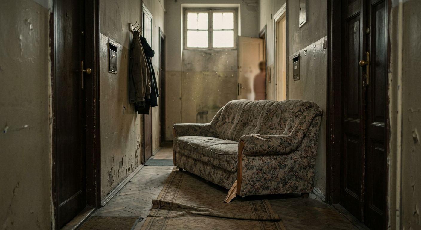 A man and a woman are struggling to carry a large, old sofa through a doorway in a home.