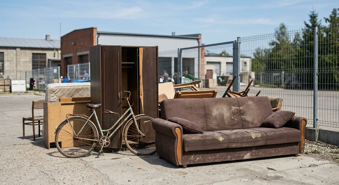 A man and a woman are struggling to move a large, old sofa out of a room, with the sofa partially blocking a doorway.