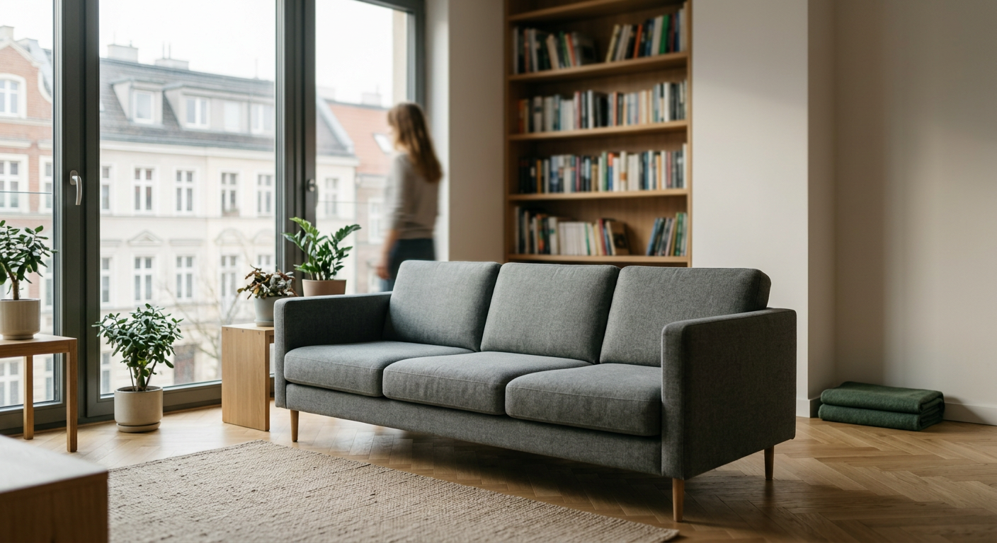 A man is struggling to move a large, old sofa through a doorway in a home setting.
