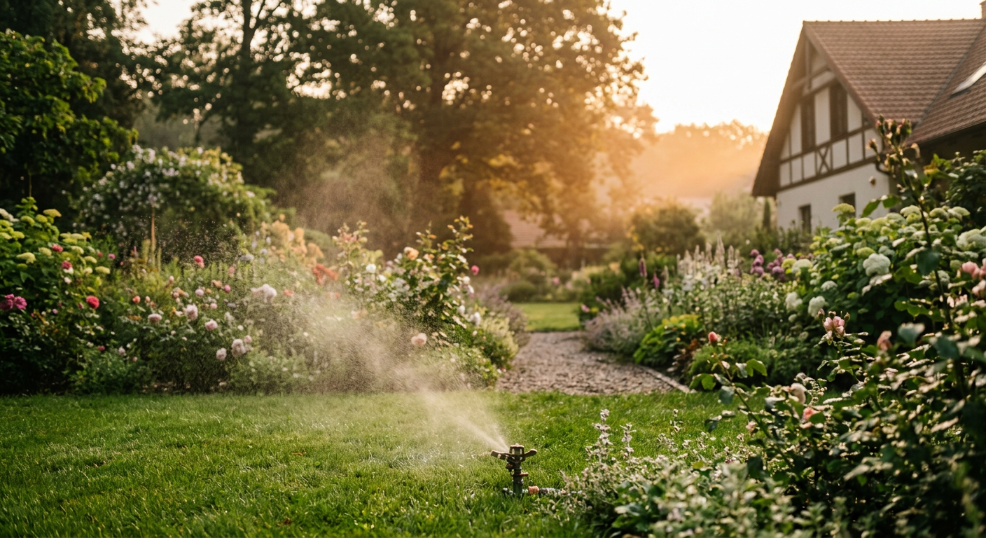 A lush green garden with a sprinkler system actively watering the plants, under a bright sky.