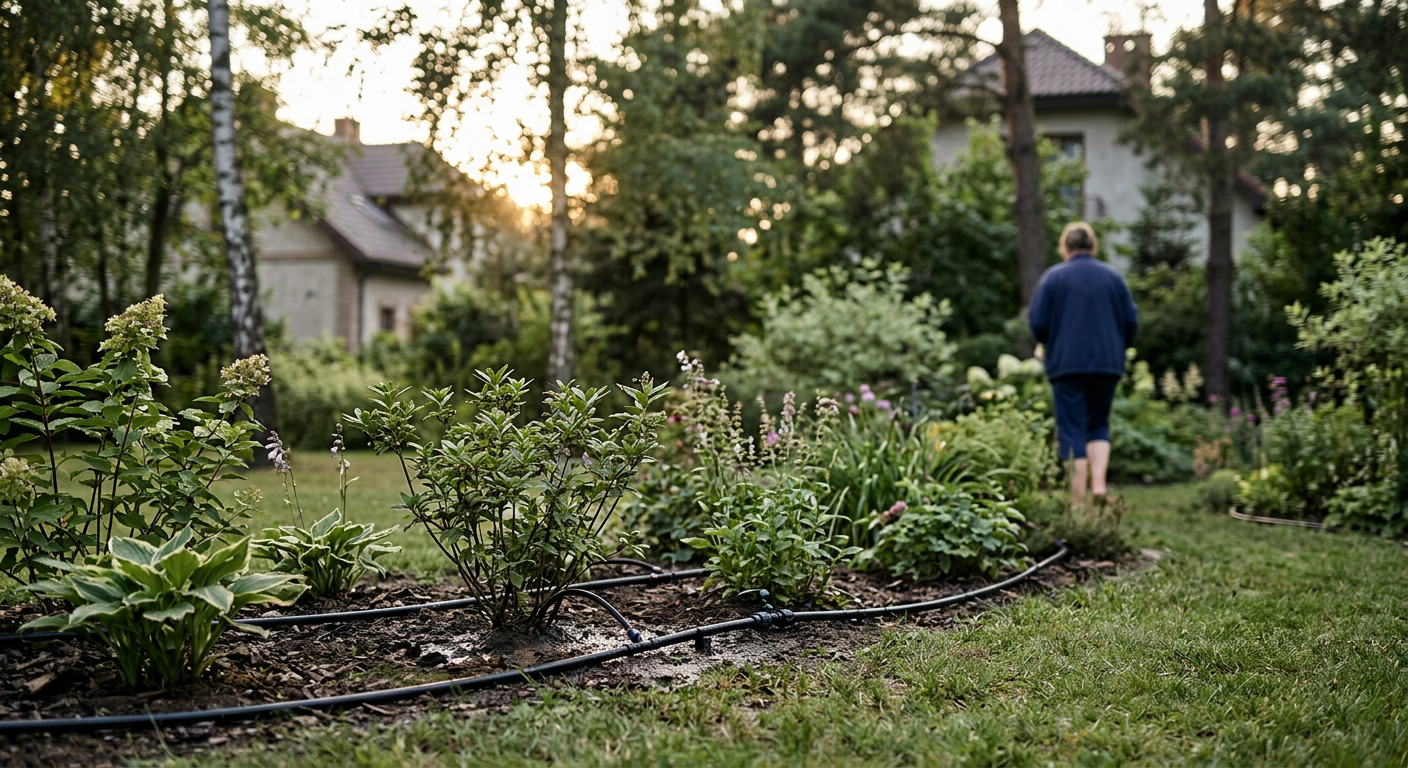 A lush green garden with a visible sprinkler system watering the plants under a bright sky.