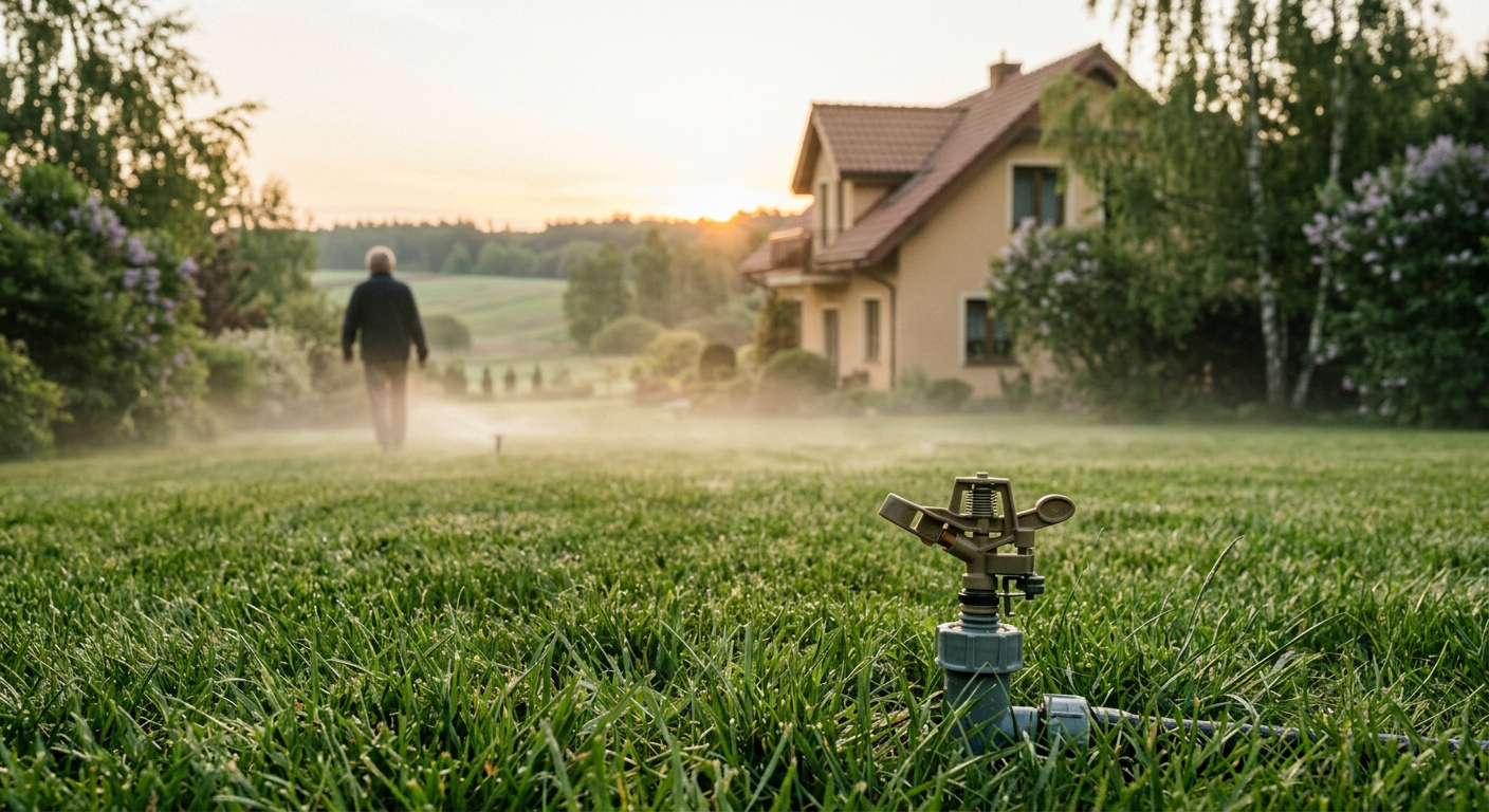 A close-up shot shows water droplets spraying from a sprinkler head, watering a lush green lawn.