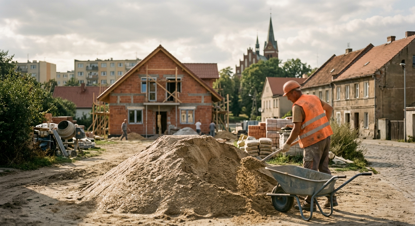 The image shows a close-up of various types of construction aggregates, including gravel and crushed stone, with a blurred background suggesting a construction site.