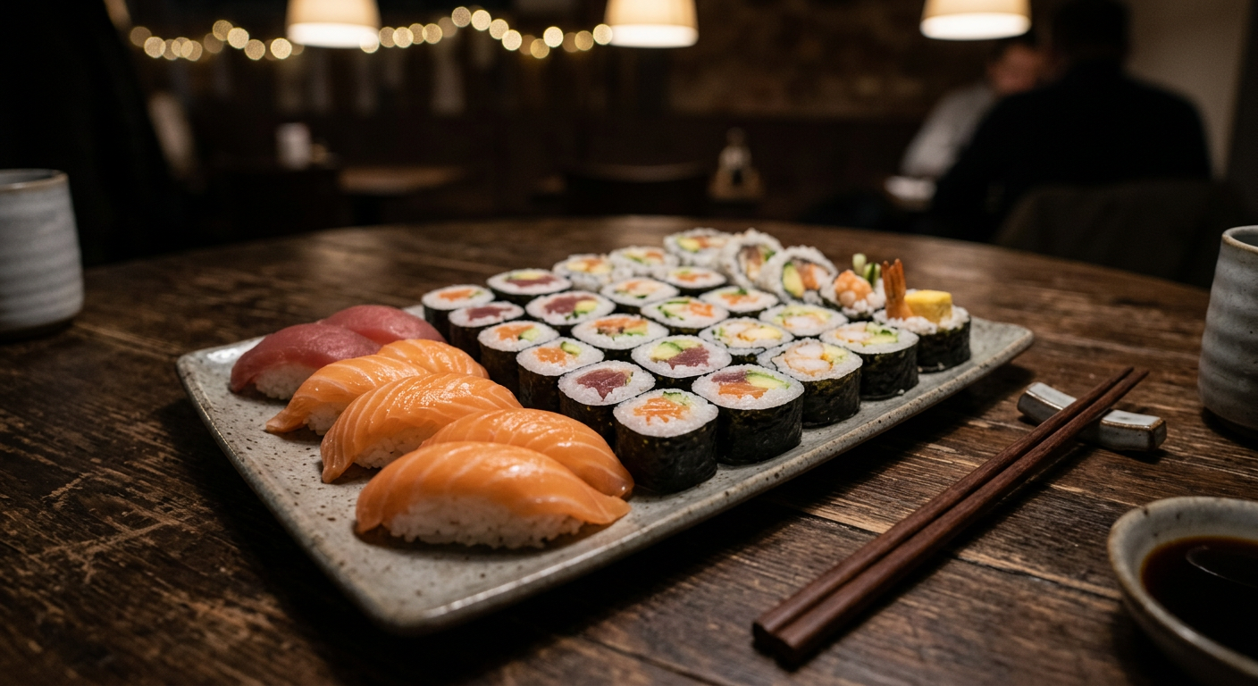 A close-up shot of various sushi pieces neatly arranged on a dark plate, with some ginger and wasabi on the side.