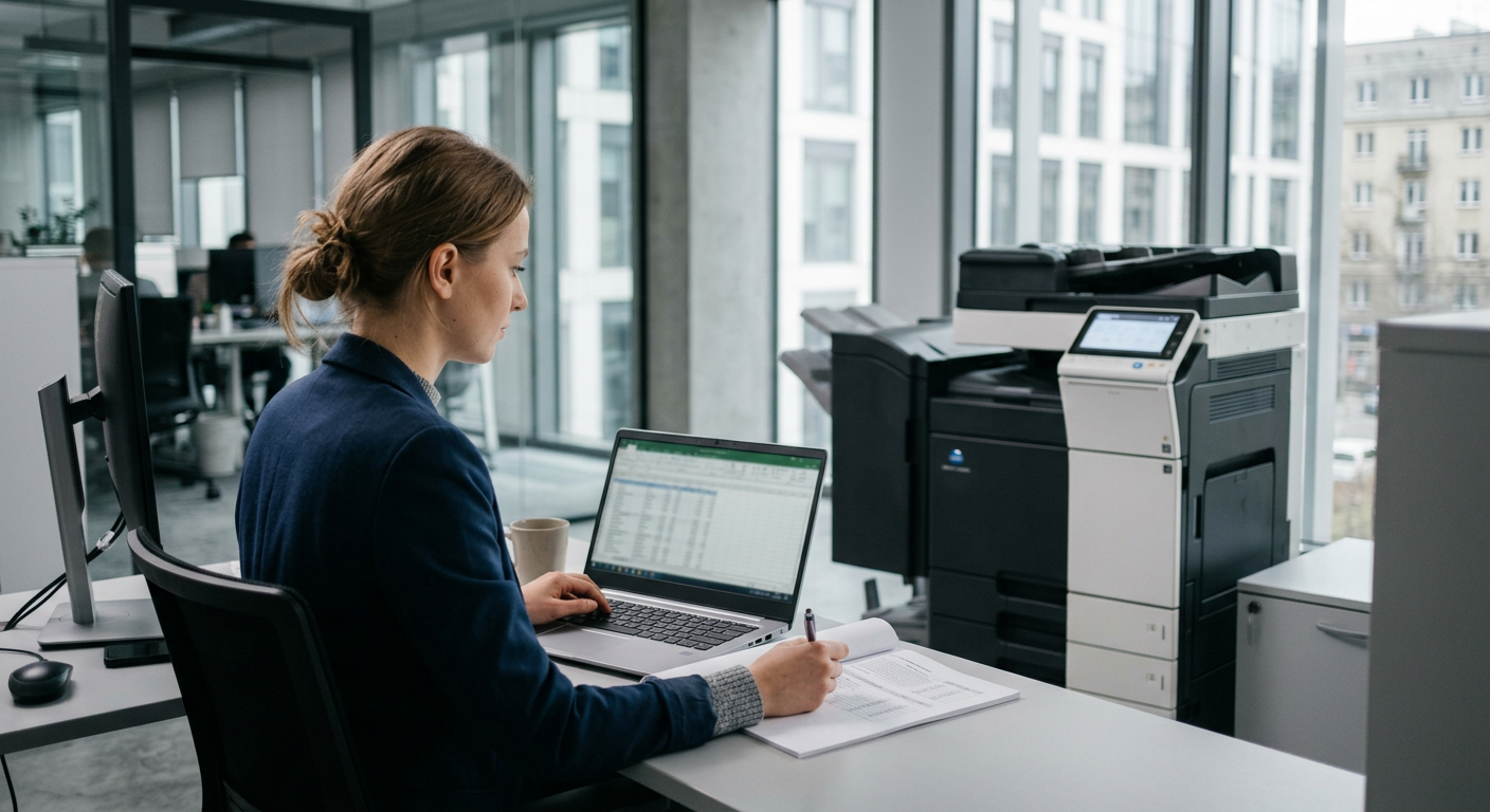 A modern office setting with a woman looking at a tablet and a man in the background, suggesting a professional environment where technology and efficiency are key.