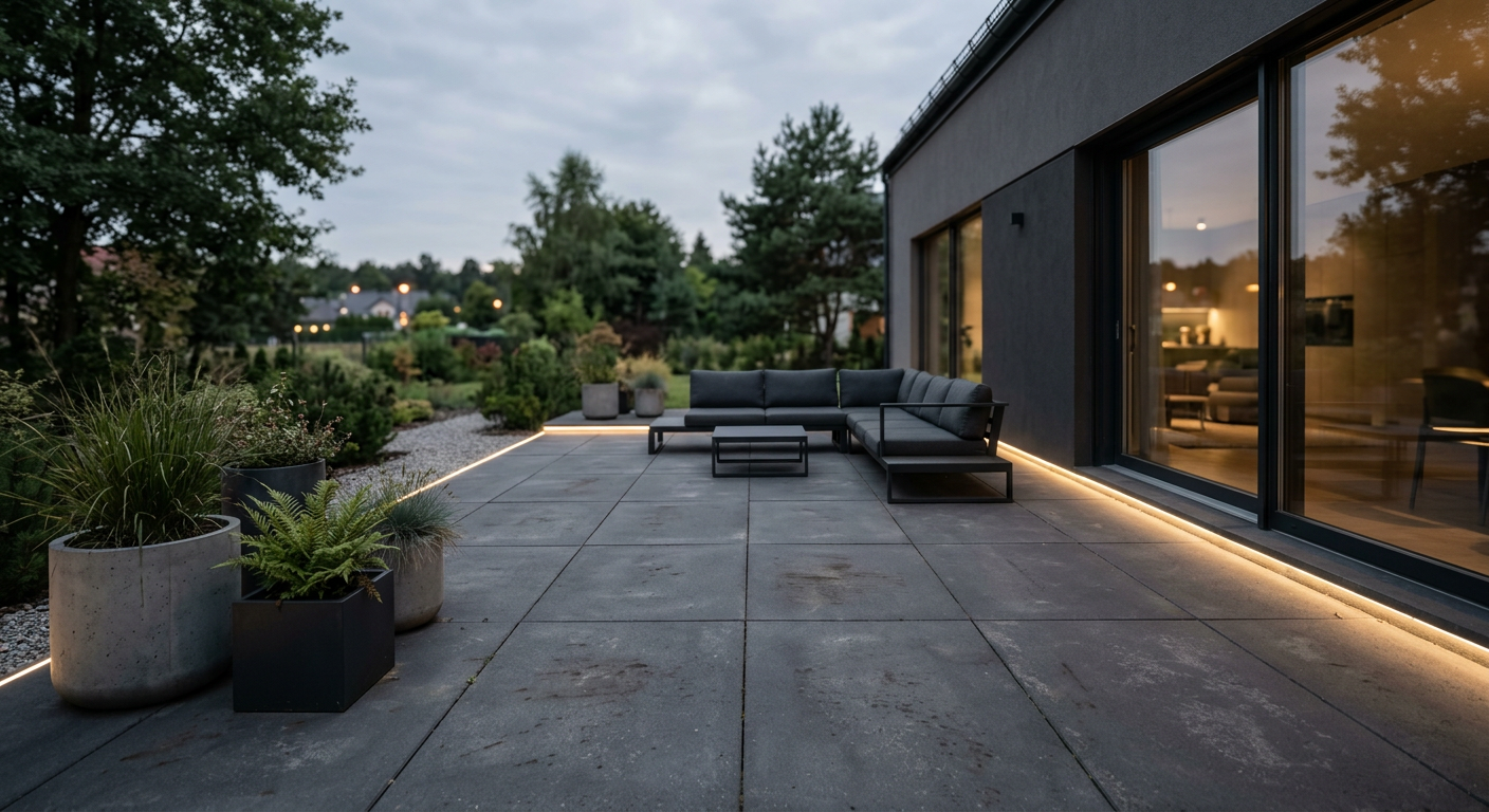 The image displays a modern, well-maintained pedestrian area paved with large format concrete blocks, featuring benches and some greenery.
