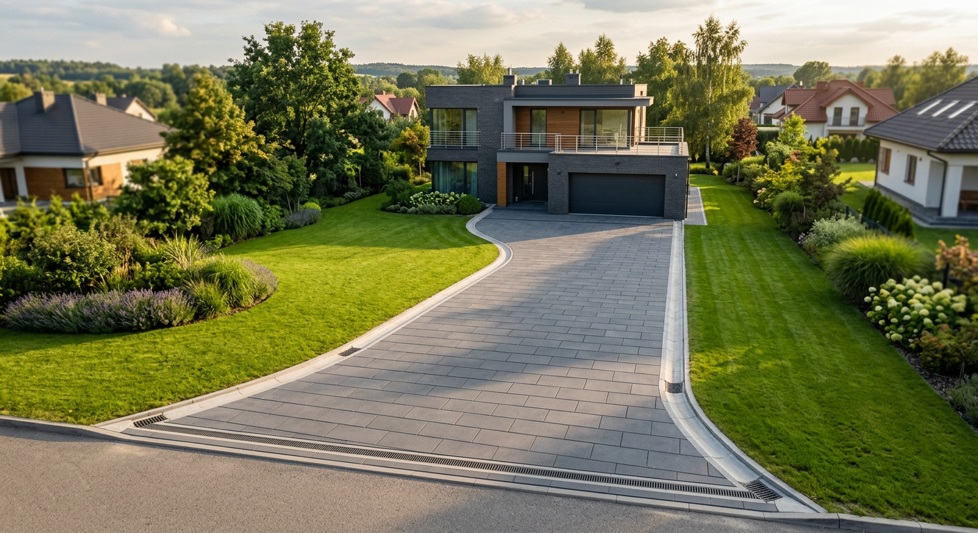 The image shows a well-maintained, modern paved area with large format paving stones, suggesting a public space or commercial development.