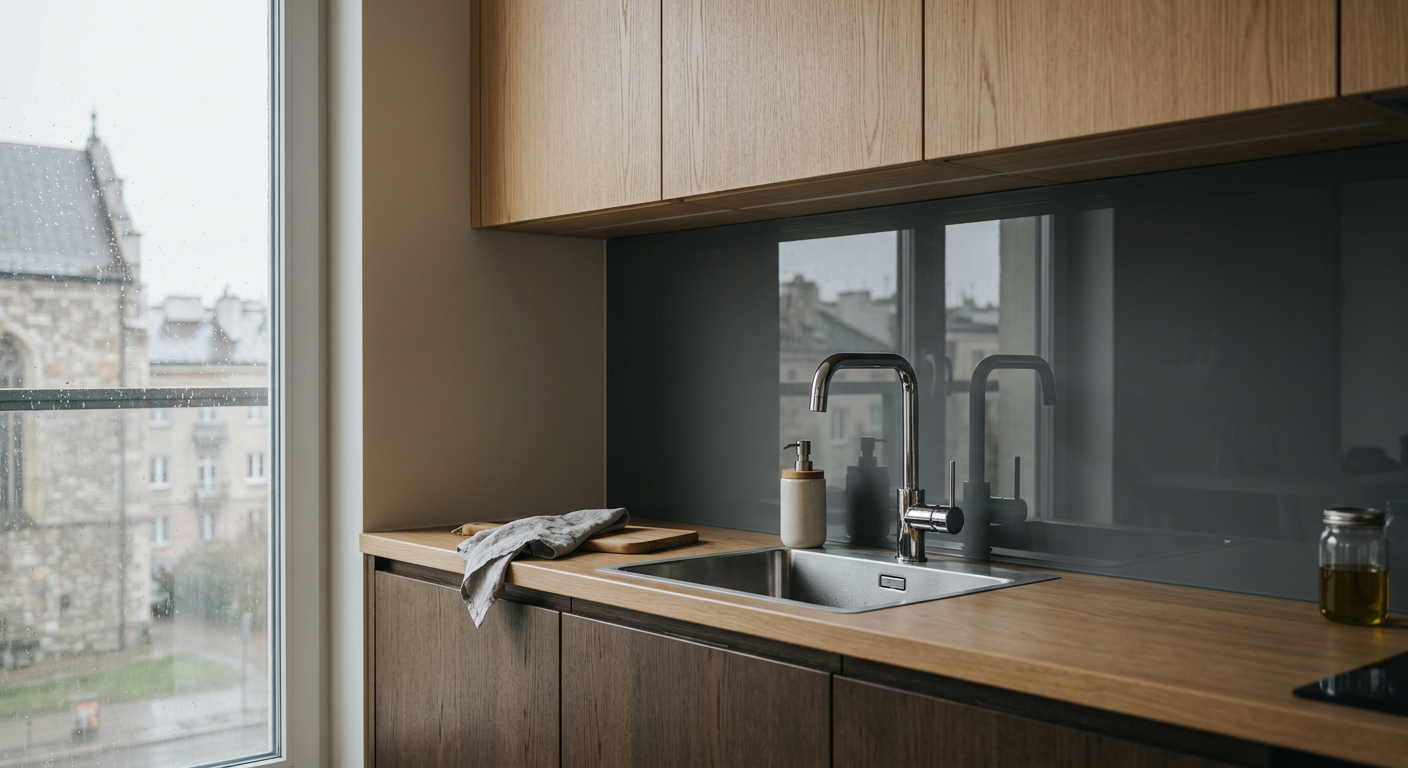 A modern kitchen with a sleek, dark backsplash and a light countertop, featuring a vase with flowers and a bowl of fruit.