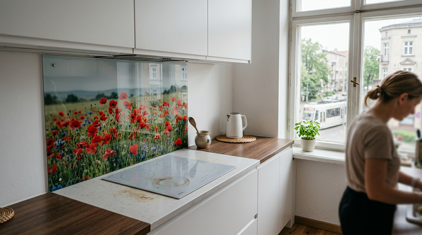 A modern kitchen with a sleek, dark blue lacobel-style backsplash and wooden countertops, featuring a sink and a plant.
