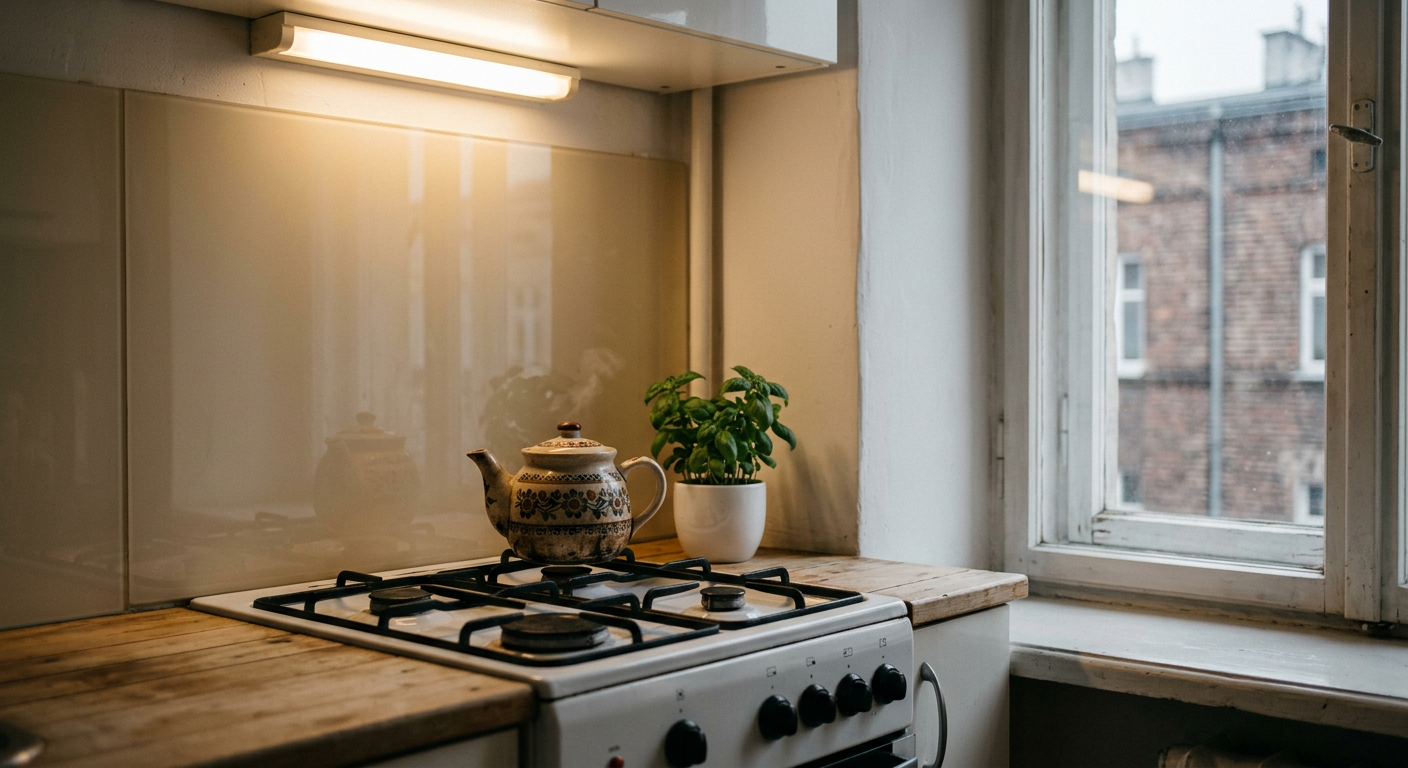 A modern kitchen with a sleek, dark backsplash and minimalist decor.