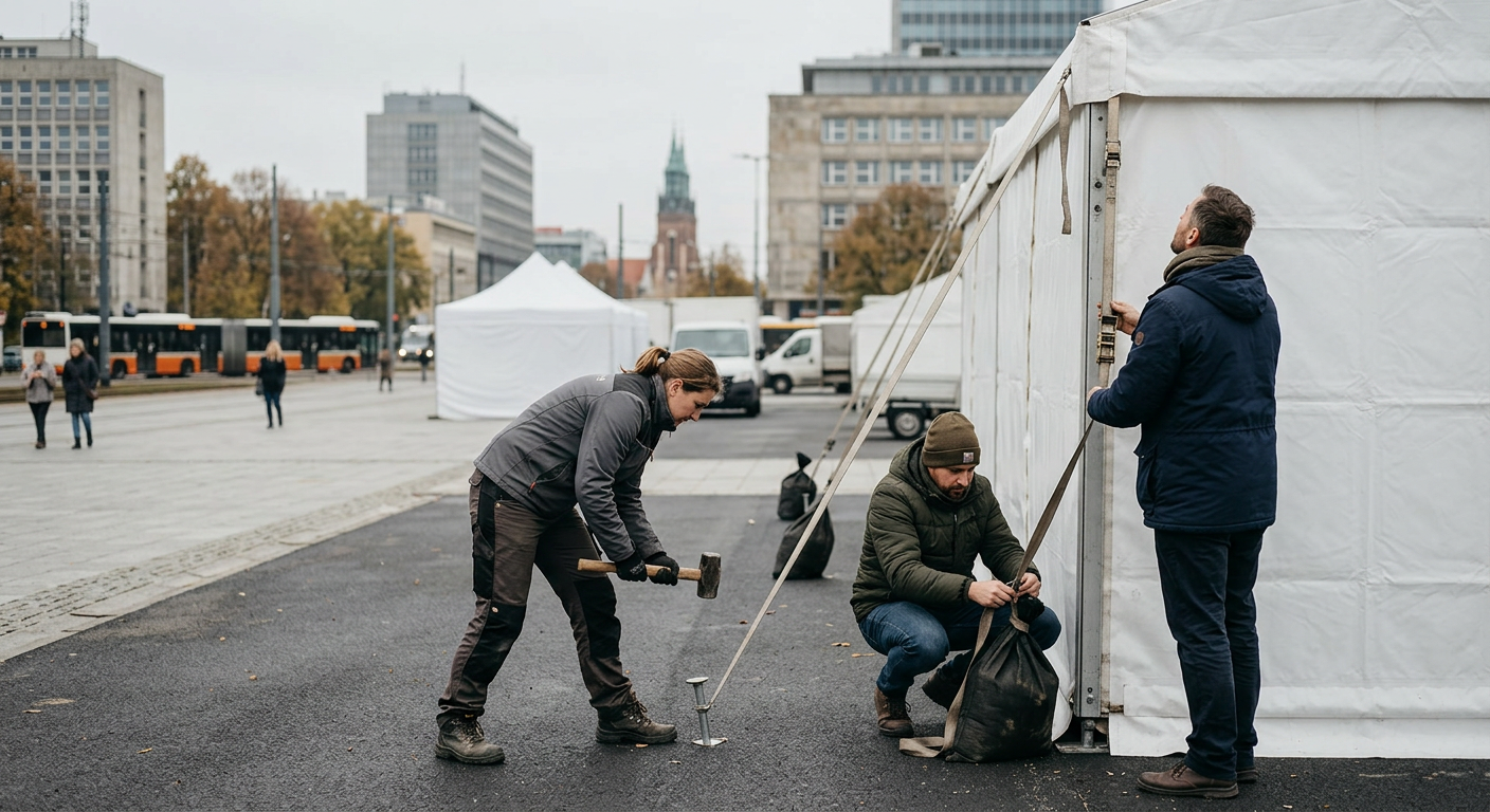A group of people are collaboratively setting up a large white tent in an outdoor, grassy area, suggesting teamwork in tent assembly.