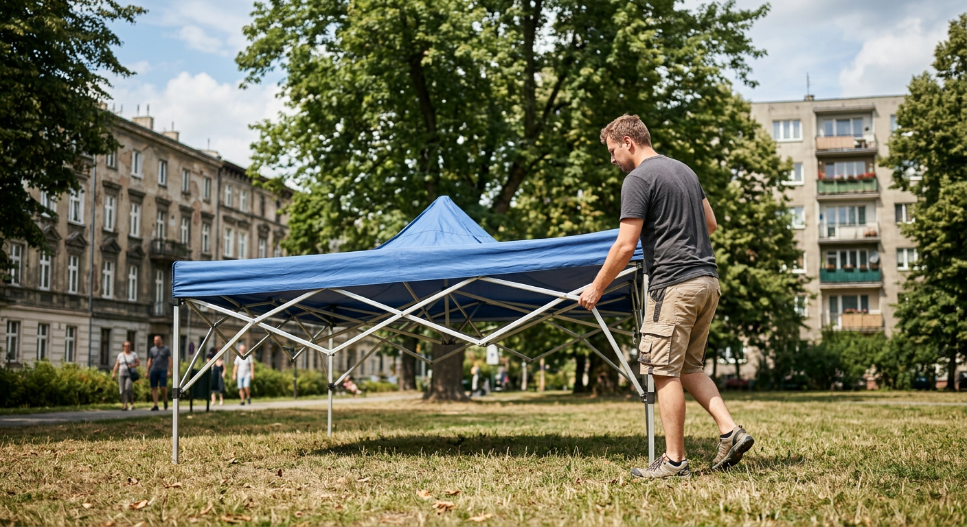 A group of people are collaboratively setting up a white canopy tent in an outdoor, grassy area, suggesting teamwork in tent assembly.