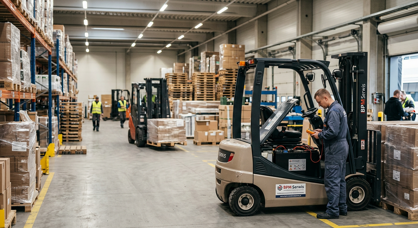 A close-up shot of the front wheel and lower chassis of a yellow electric forklift, with a blurred industrial background.
