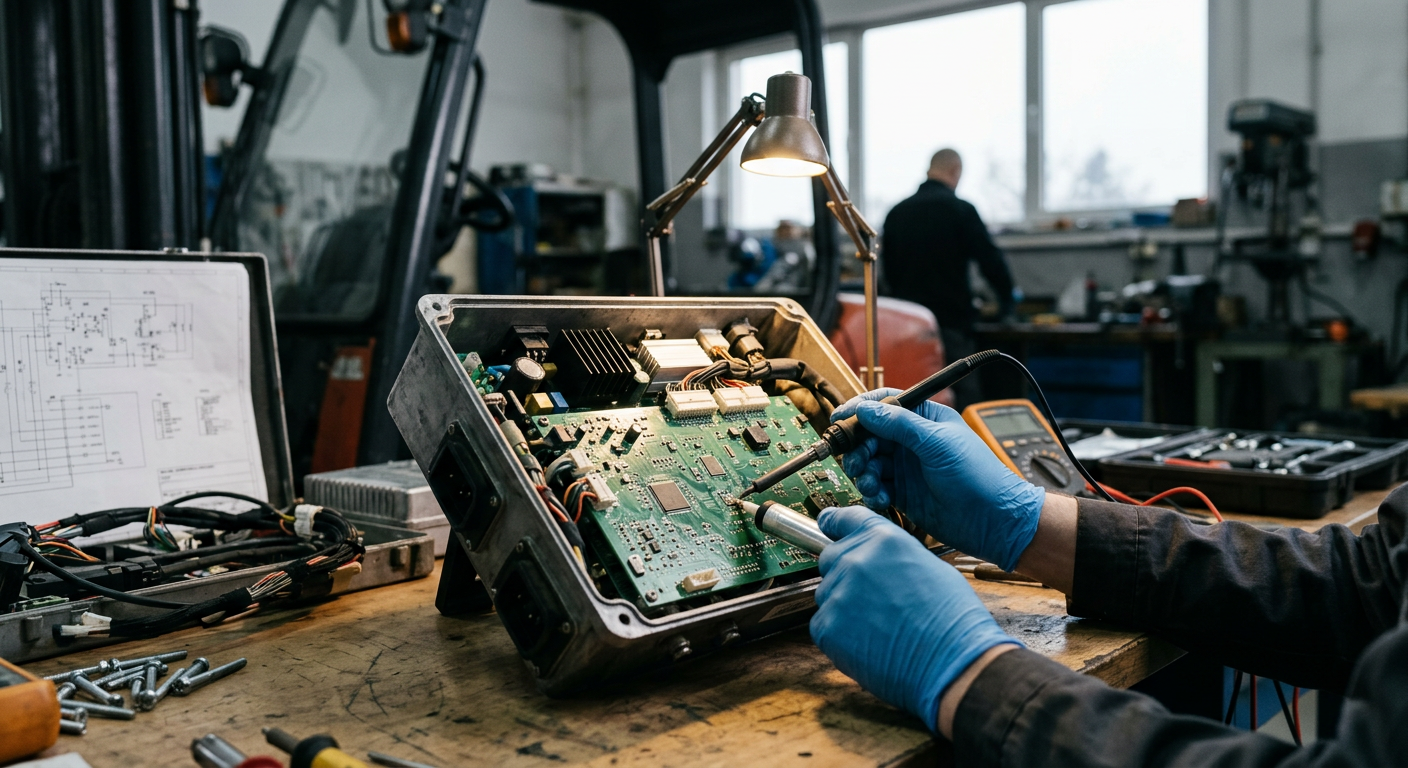A detailed close-up shot shows the intricate wiring and components within an electric forklift, highlighting potential areas for common malfunctions.