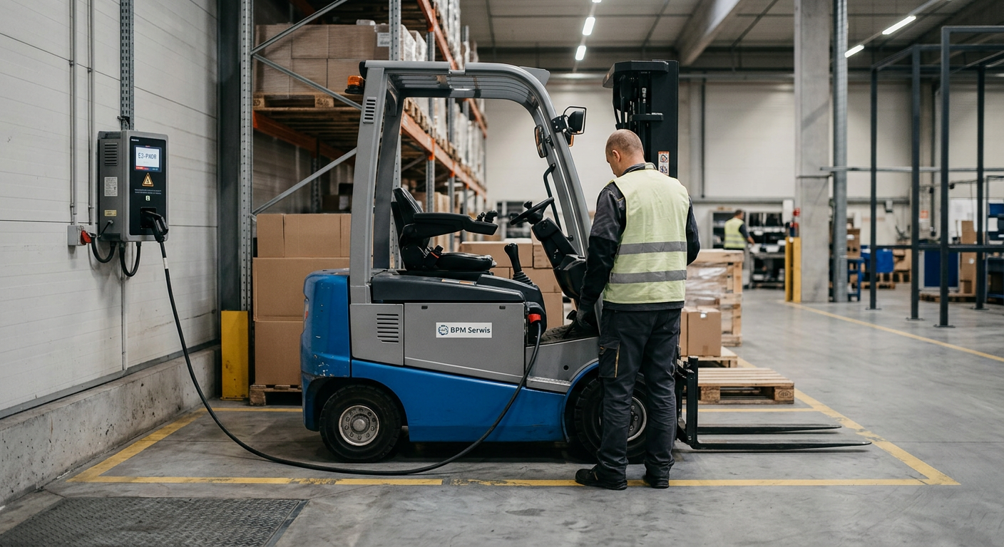 A close-up shot shows the front wheel and lower chassis of a yellow electric forklift, with a focus on its mechanical components and a hint of the warehouse floor.