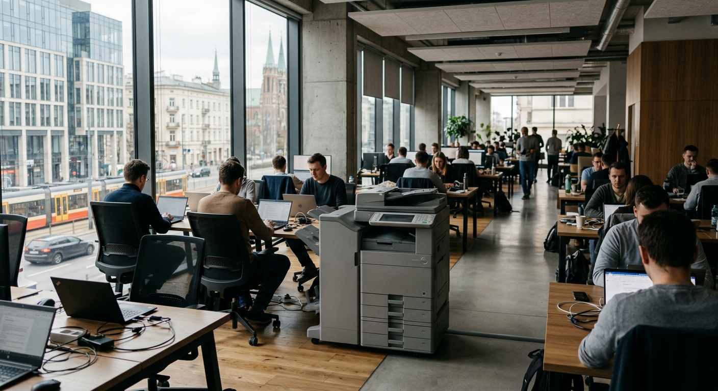 A diverse group of professionals are gathered around a modern multifunction printer in a bright office setting, suggesting a collaborative work environment.