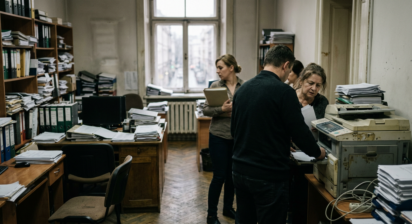 A modern office setting with several people working at desks, suggesting a collaborative work environment.