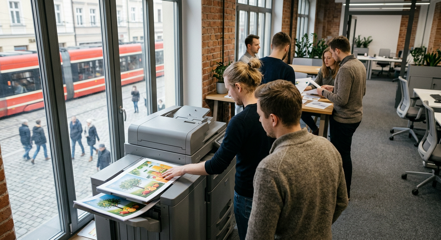 A modern office setting with several people working at desks, suggesting a collaborative work environment.