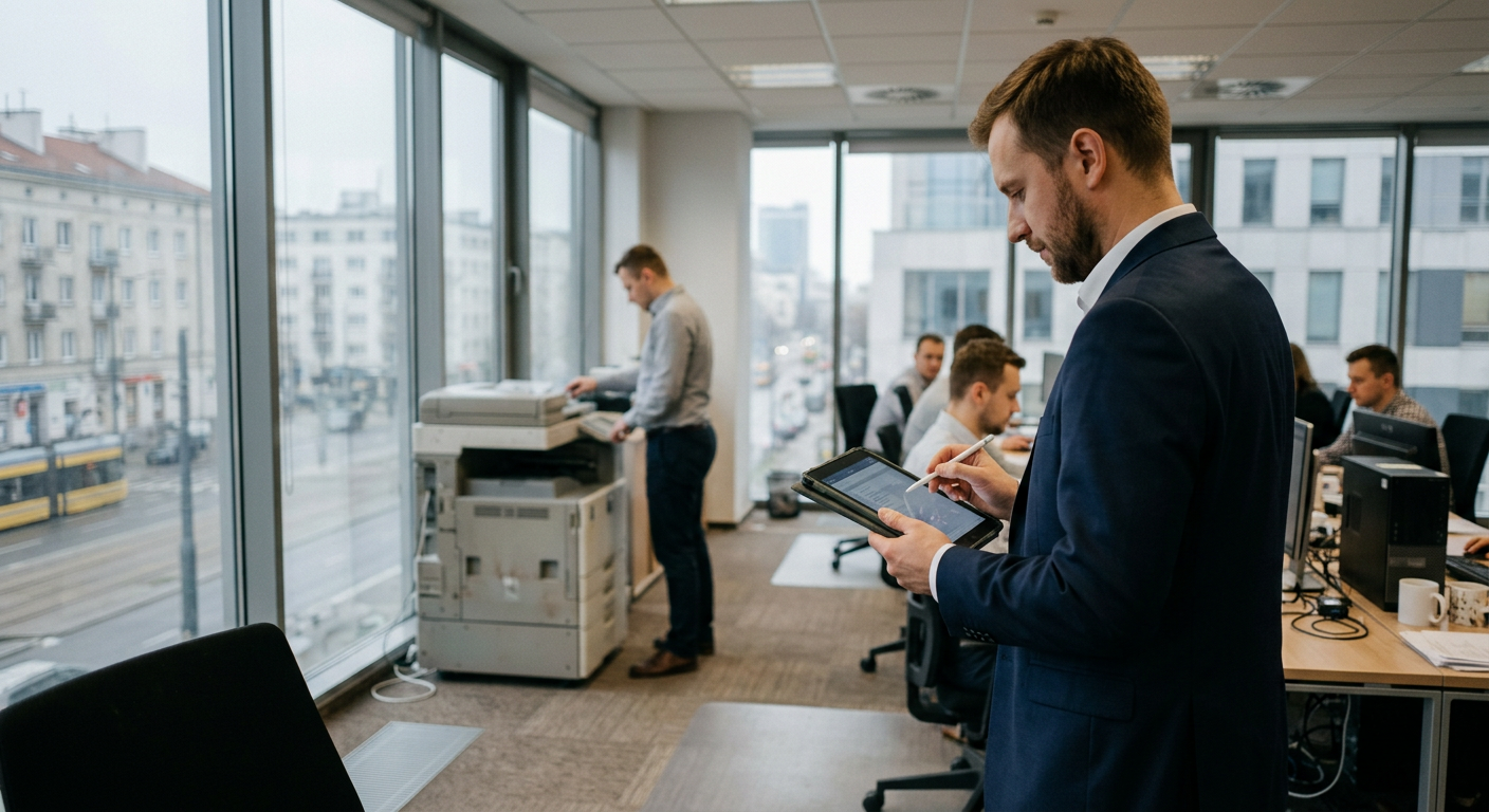A diverse group of professionals are gathered around a modern multifunction printer in a bright office setting, suggesting collaboration and office equipment use.