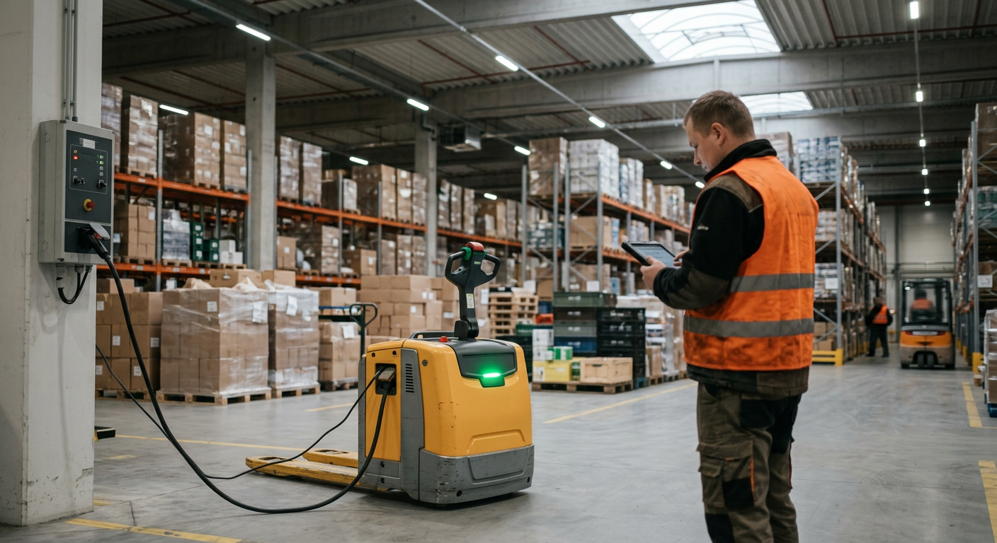 A modern electric pallet jack is shown in a warehouse setting, with a person operating it near shelves filled with boxes.