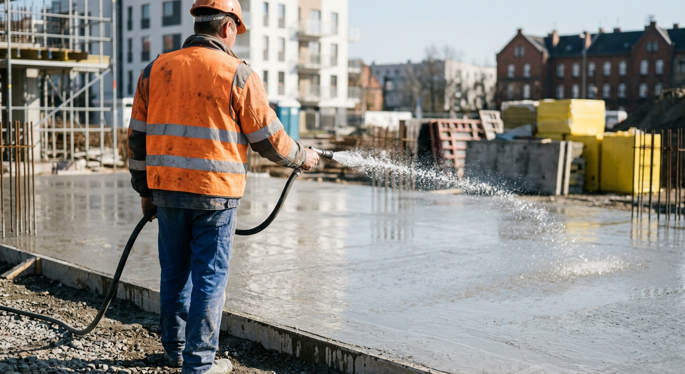 A construction worker in a hard hat is pouring concrete from a wheelbarrow onto a prepared surface under a bright sky.