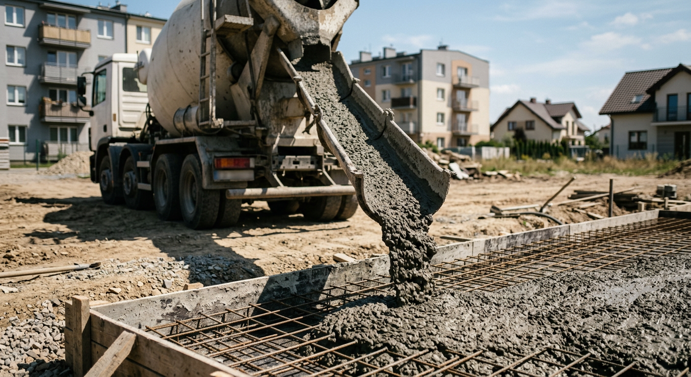 A construction worker in a hard hat is using a trowel to smooth freshly poured concrete on a sunny day.