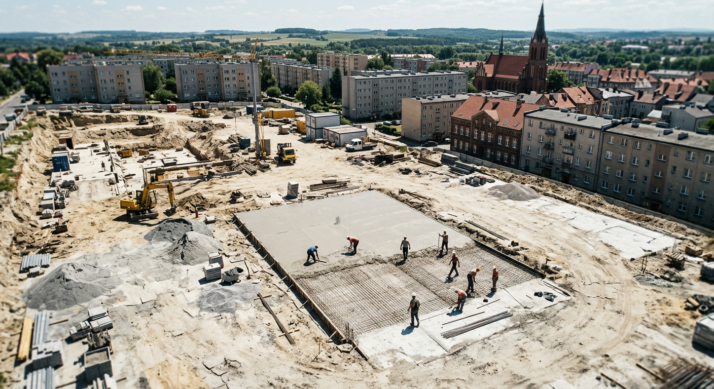 A construction worker in a hard hat is using a trowel to smooth freshly poured concrete on a sunny day.