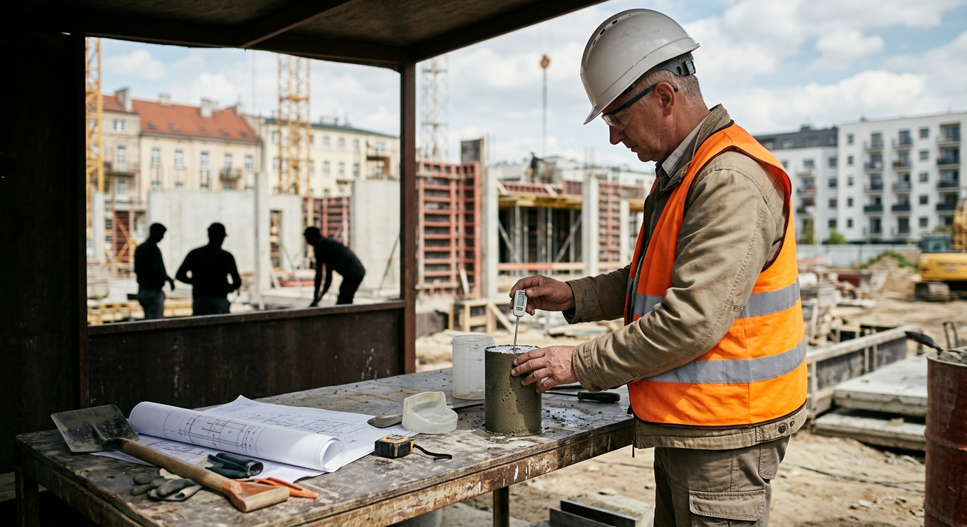 A construction worker in a hard hat is using a trowel to smooth freshly poured concrete on a sunny day.