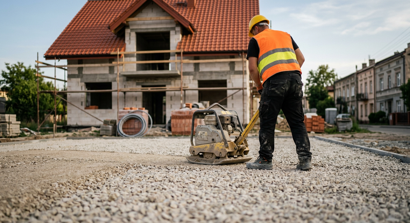 A construction worker is meticulously leveling the ground with a rake, preparing it for concrete pouring, with a wheelbarrow and other tools nearby.