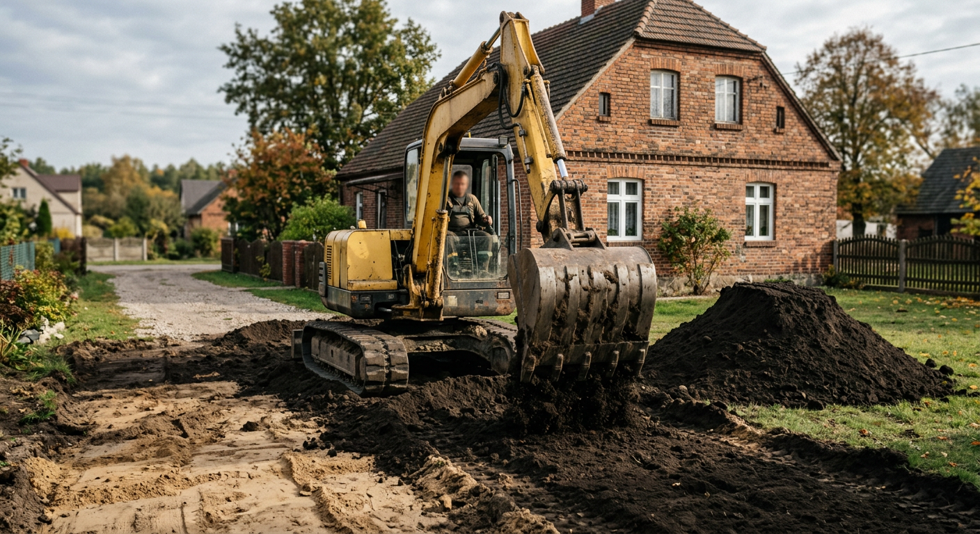 A construction worker in a hard hat and safety vest is using a shovel to level the ground, with a pile of gravel and a wheelbarrow nearby, preparing a site for concrete pouring.