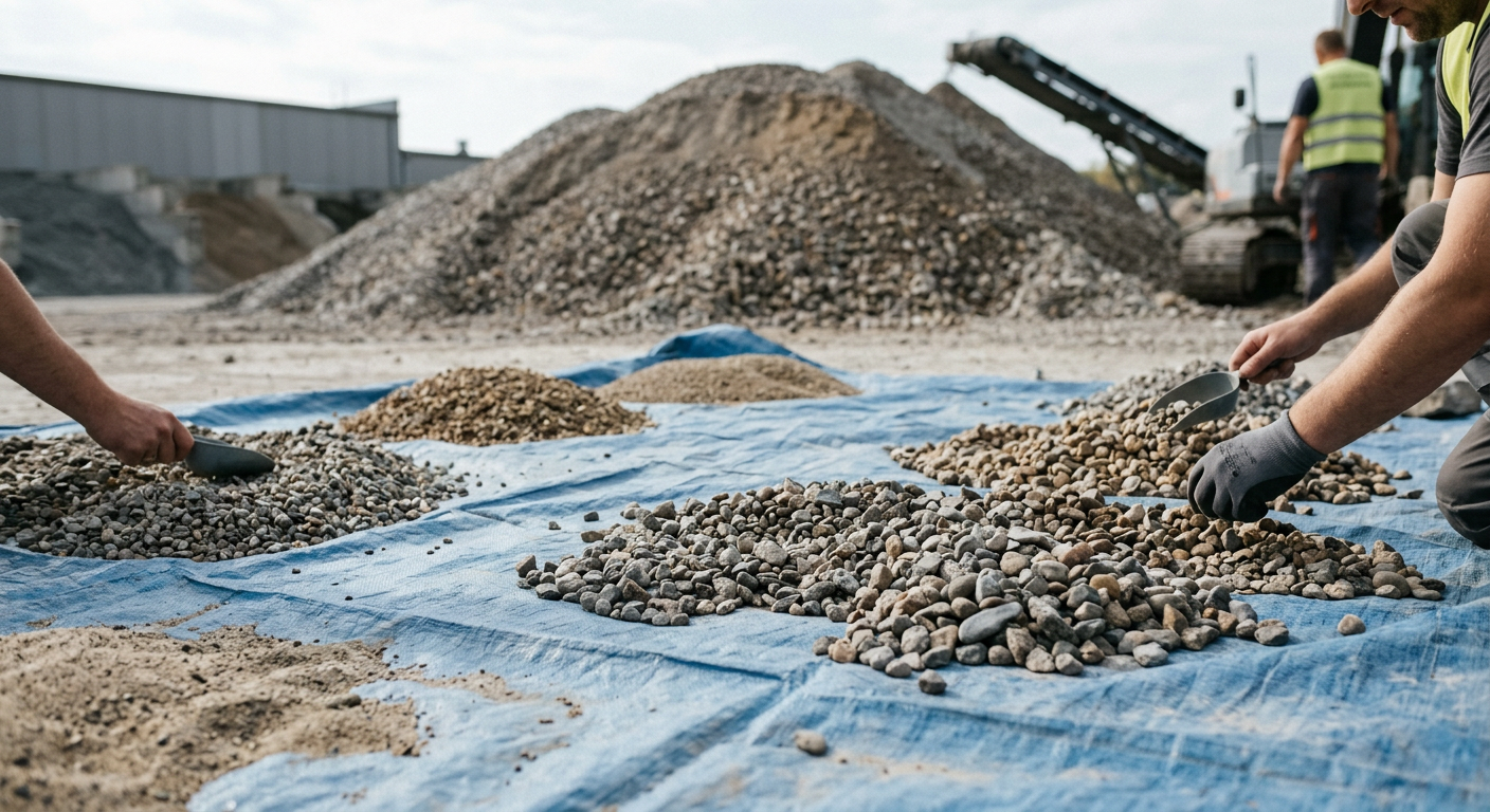A construction worker is using a level to prepare the ground for pouring concrete, with tools and materials visible in the background.