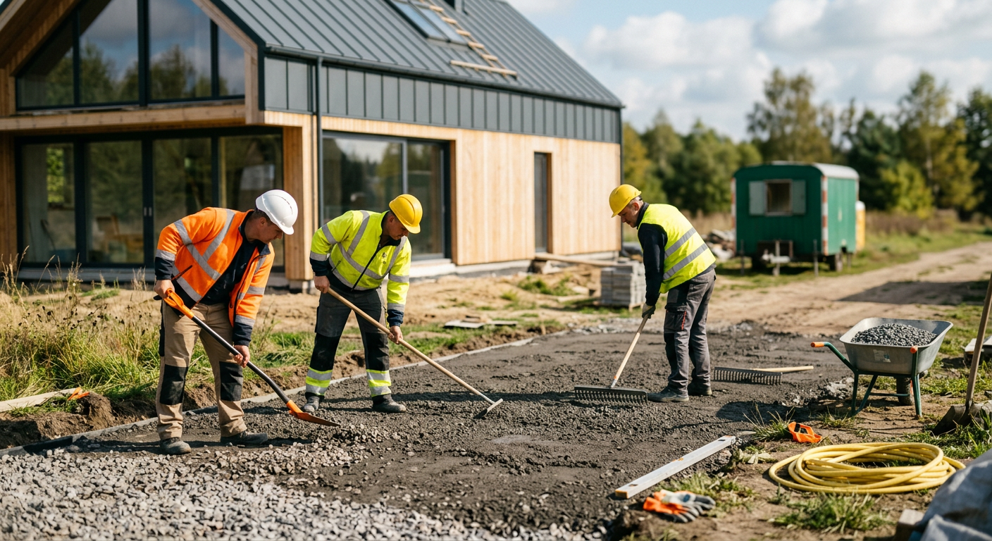 A construction worker is meticulously leveling the ground with a rake, preparing it for concrete pouring, with a wheelbarrow and other tools nearby.