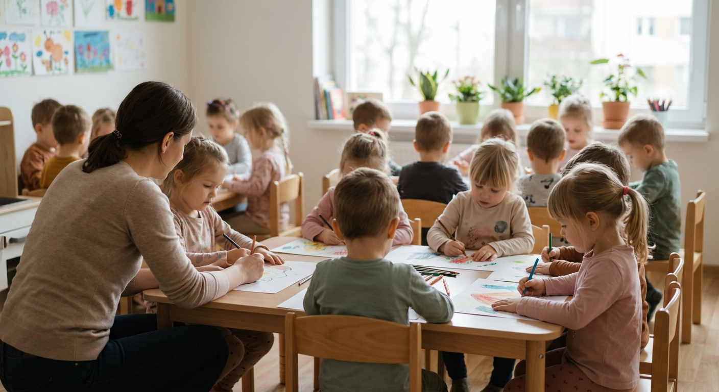 A group of diverse children are happily playing together in a brightly lit, modern classroom setting.