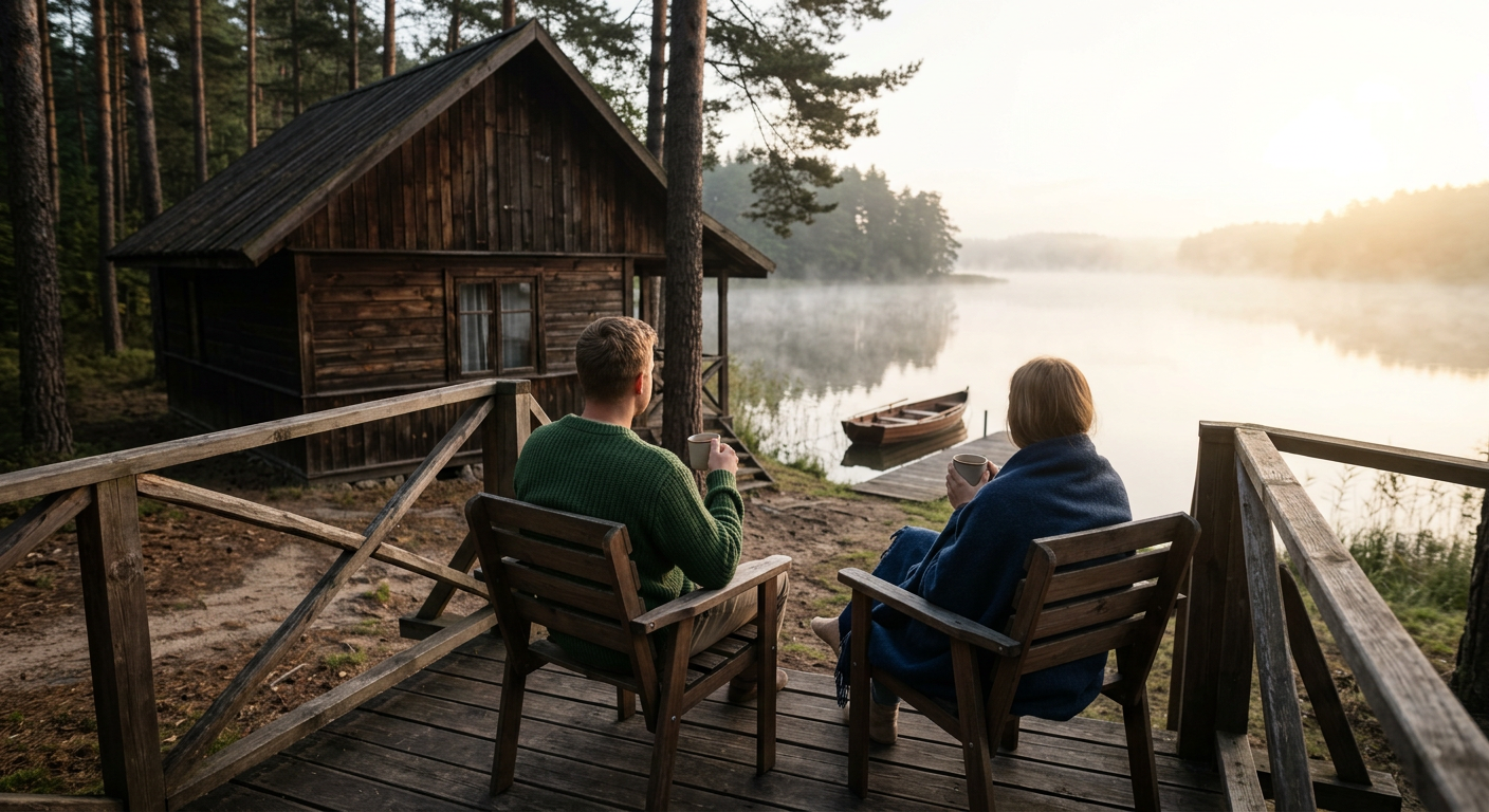 The image shows a cozy wooden cabin nestled by a serene lake at sunset, with a small boat docked nearby.
