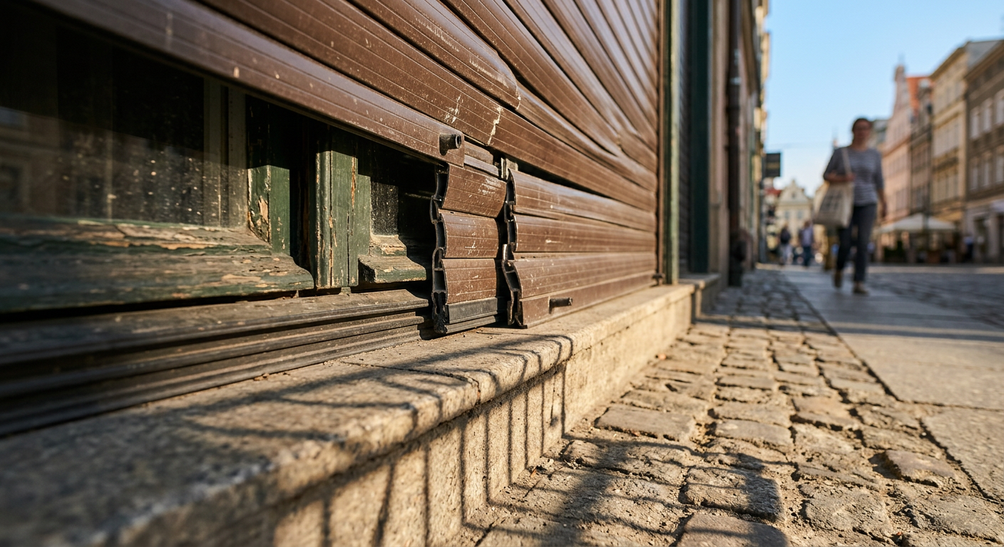 Zbliżenie na dolną krawędź elektrycznej rolety fasadowej w słoneczny dzień. Wyraźnie widoczne są solidne, zazębiające się lamele z subtelną szczeliną między nimi, demonstrujące mechanizm blokady antywłamaniowej. Światło słoneczne tworzy wyraźny wzór cienia na ziemi pod oknem.