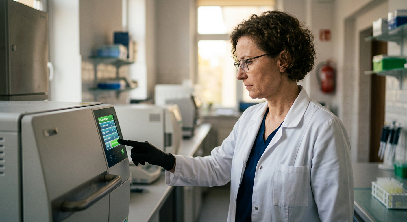 Technik w kitlu laboratoryjnym z uwagą ogląda panel sterowania nowoczesnego autoklawu, sugerując rozwiązywanie problemów lub wybór programu w profesjonalnym otoczeniu medycznym.